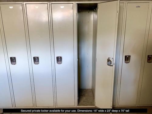 a row of metal lockers in a locker room at St Anton Condos #77 condo in Mammoth Lakes