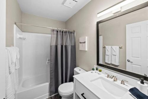 uma casa de banho com um lavatório, um WC e um espelho. em Cozy Townhouse - Gym Pool Golf Fast WiFi 2B2B em Tampa