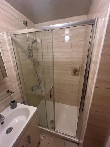 a bathroom with a shower and a sink at Airport Retreat in Handforth