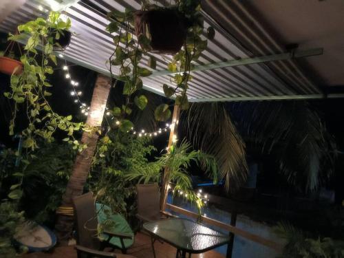 a patio with plants and a table and lights at Casa Guiba 2 Puerto Escondido in Puerto Escondido