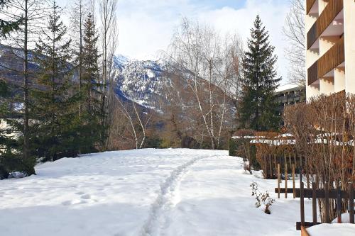 een met sneeuw bedekte weg met een berg op de achtergrond bij L’ALPIN AU PIED DES PISTES ET COMMERCES in Saint-Chaffrey