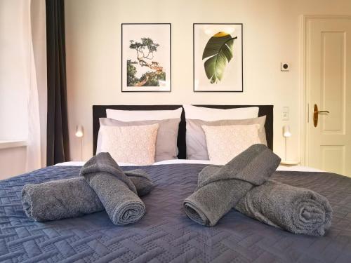 a bedroom with a bed with towels on it at Fynbos Apartments Deluxe, Balkon, Netflix, Parkplatz in Meißen