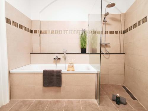 a bathroom with a tub and a sink and a shower at Fynbos Apartments Deluxe, Balkon, Netflix, Parkplatz in Meißen