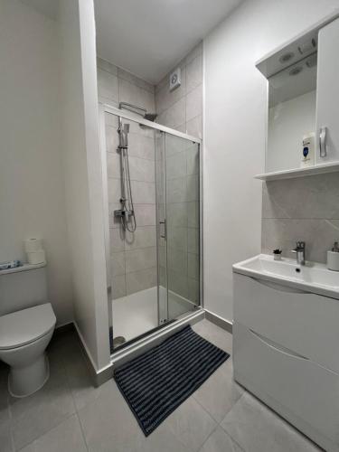 a bathroom with a shower and a toilet and a sink at London Comfort Stay in London