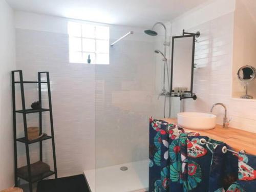 une salle de bain avec une douche, un lavabo et un miroir dans l'établissement La Petite Maison Rose, à Paimpol