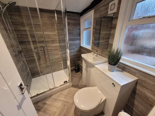 a bathroom with a toilet and a shower and a sink at City Centre Wallgate Apartments- Step back into Roman history in Colchester