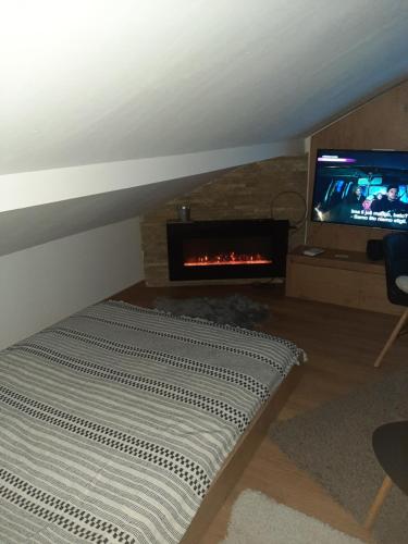 ein Wohnzimmer mit einem Kamin und einem TV in der Unterkunft Start Apartments LUX KOPAONIK in Kopaonik