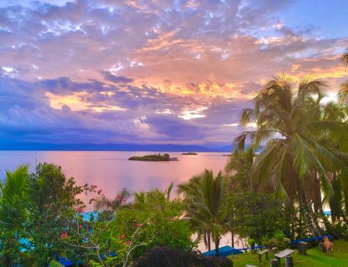 widok na plażę z palmami i zachodem słońca w obiekcie MISTY MOONLIGHT VILLAS w mieście Bocas del Toro