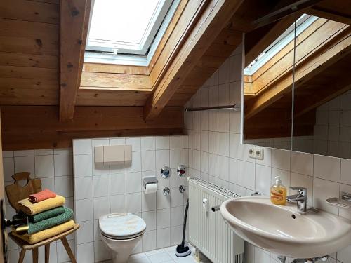 a bathroom with a sink and a toilet and a skylight at Haus Oberland in Bad Endorf