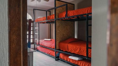 Habitación con 3 literas y sábanas de color naranja. en Casona Luciérnaga-Casa de Huéspedes en León