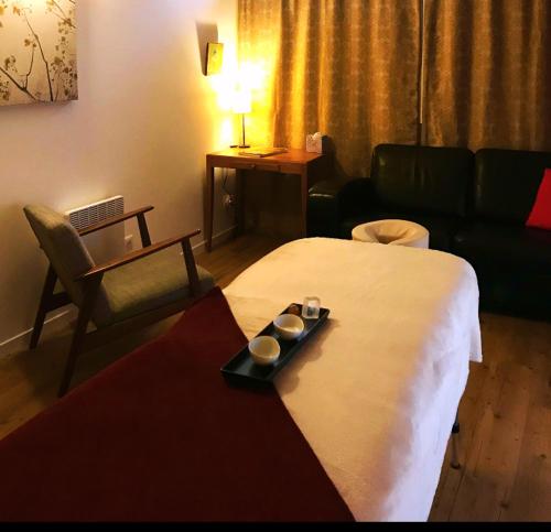 une chambre d'hôtel avec un lit et un canapé dans l'établissement La Passionnante Gîte avec Spa privatif, à Saint-Philbert-de-Bouaine
