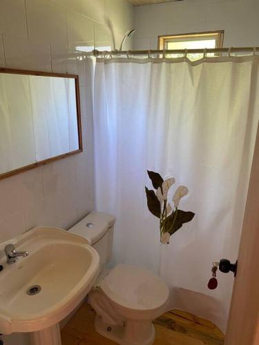 y baño con aseo, lavamanos y cortina de ducha. en Cabaña en Vichuquén, Chile, en Vichuquén