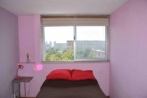 a pink bedroom with a bed with a window at Depto Espacioso con hermosa vista a min del Centro Histórico de la Cdmx in Mexico City