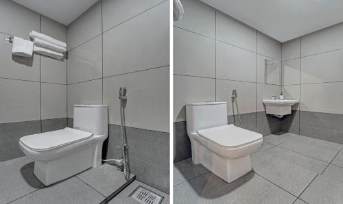 two pictures of a bathroom with a toilet and a sink at Treebo Regalia Inn Wayanad in Kalpetta