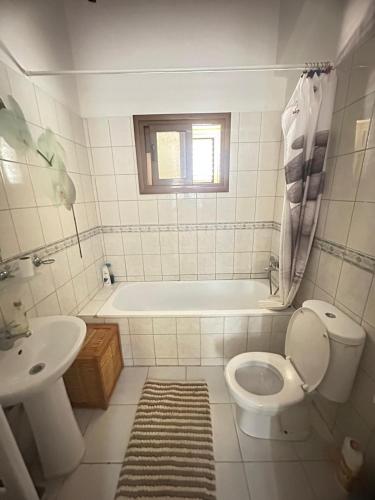a bathroom with a toilet and a tub and a sink at Beach Villa in Saint Epiktitos