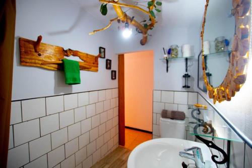 y baño con aseo, lavabo y espejo. en Finca pajaritos en Las Palmas de Gran Canaria