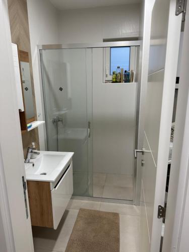 Un baño blanco con ducha y lavabo. en Plava Zvezda 1, en Novi Sad