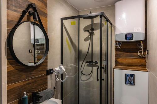 a bathroom with a shower and a mirror at Apartamenty Plebańska-Rynek in Gliwice