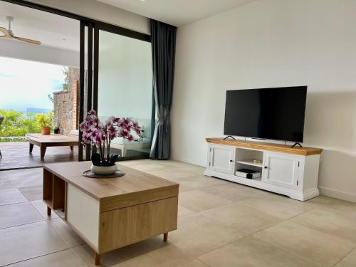 Una televisión o centro de entretenimiento en Appartement 2 chambres avec piscine, vue mer sur la baie
