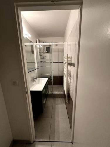 een witte badkamer met een wastafel en een spiegel bij Appartement, Terrasse et jardin in Craponne