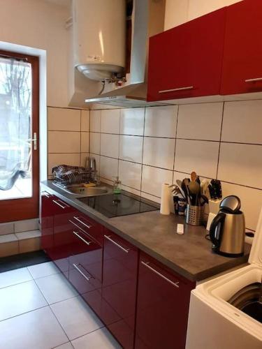 een keuken met rode kasten en een aanrecht bij Appartement, Terrasse et jardin in Craponne