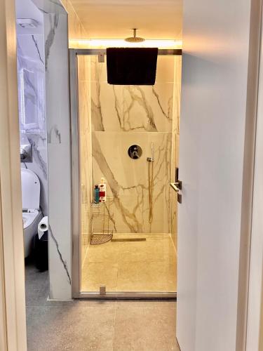 uma porta de vidro para um chuveiro na casa de banho em City Centre Apartment em Patra
