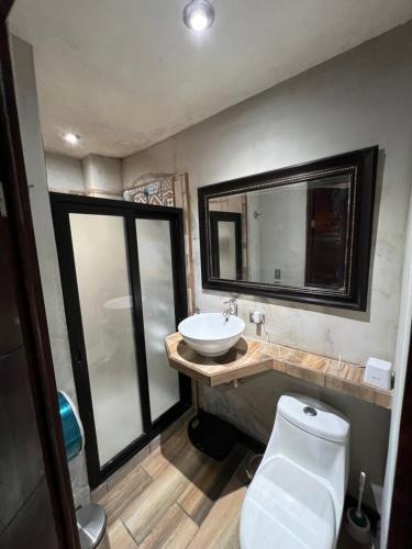uma casa de banho com um lavatório, um WC e um espelho. em Apartamento G4 em Guatemala