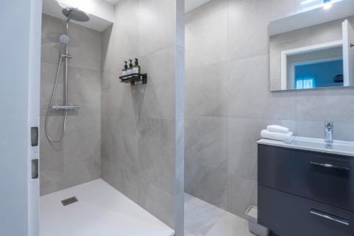 ein Bad mit einer Dusche und einem Waschbecken in der Unterkunft LE N'ESPRESSO in Mulhouse