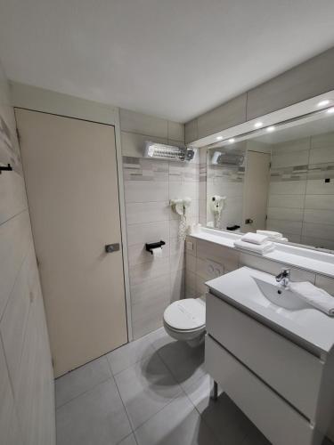 een badkamer met een toilet, een wastafel en een spiegel bij Kyriad Bellegarde - Genève in Bellegarde-sur-Valserine