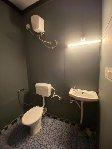a small bathroom with a toilet and a sink at Bibhitaki Hostels Palolem Beach in Palolem