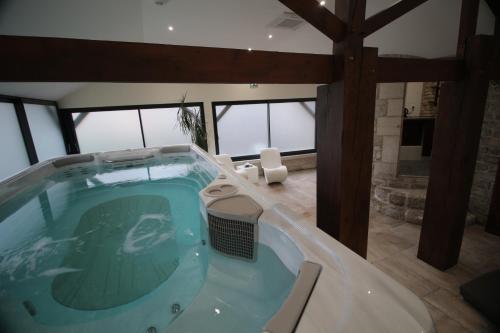 una gran bañera de hidromasaje en una habitación con ventanas en Le Moulin Du Landion Hôtel et Spa, en Dolancourt