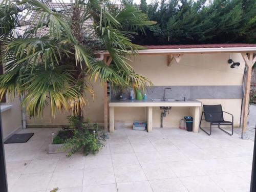 eine Terrasse mit einem Waschbecken und einer Palme in der Unterkunft Villa olympique stade de France in Stains