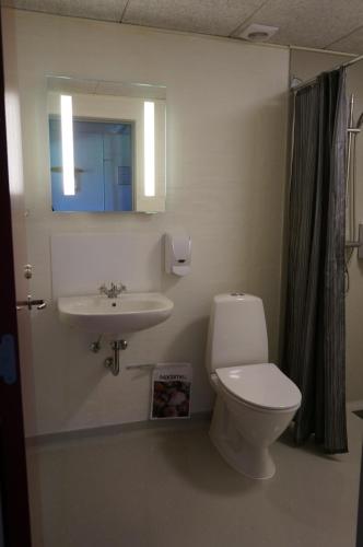 een badkamer met een toilet, een wastafel en een spiegel bij Motel Spar 10 in Viborg