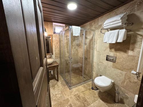 a bathroom with a shower and a toilet at Virtus Cappadocia Hotel Göreme in Goreme