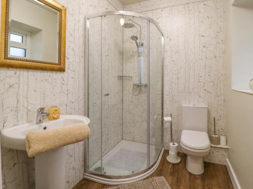 La salle de bains est pourvue d'une douche, d'un lavabo et de toilettes. dans l'établissement The Robins Holiday Cottage, à Keighley