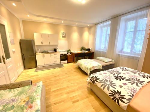 ein Schlafzimmer mit 2 Betten und eine Küche mit einer Theke in der Unterkunft Holičák in Olomouc