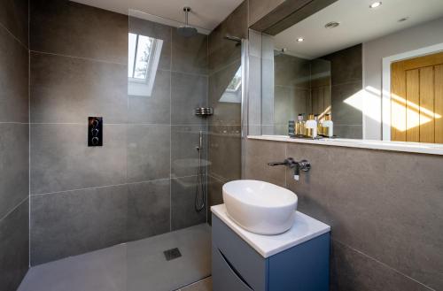 un bagno con lavandino e doccia di Hoglet Cottage a Carlisle