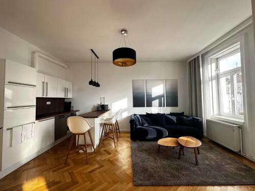 維也納的住宿－Luxury 3 bedroom apartment near Schönbrunn Palace，客厅配有沙发和桌子
