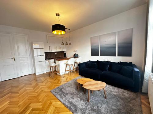 a living room with a black couch and a table at Luxury 3 bedroom apartment near Schönbrunn Palace in Vienna