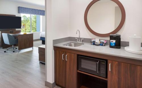 a bathroom with a sink and a microwave and a mirror at Hampton Inn & Suites Fultondale Birmingham I 65, Al in Fultondale