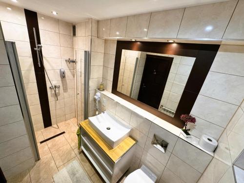 a bathroom with a sink and a mirror at Villa Beata in Nowy Sącz