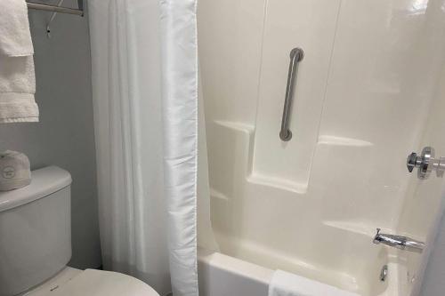 y baño con cortina de ducha blanca y aseo. en Baymont by Wyndham Danville IL, en Danville