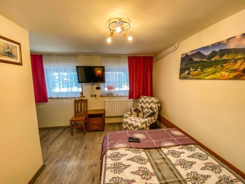 a bedroom with a bed and a chair and a tv at Ośrodek Wczasowo-Kolonijny Groń in Biały Dunajec