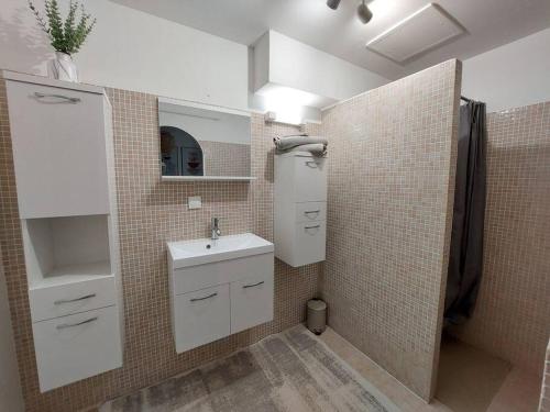 une petite salle de bain avec un lavabo et un miroir dans l'établissement Appartement t2 avec extérieur, à Toulouges