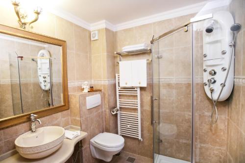 uma casa de banho com um chuveiro, um WC e um lavatório. em Hotel Restaurant La Castel em Iaşi