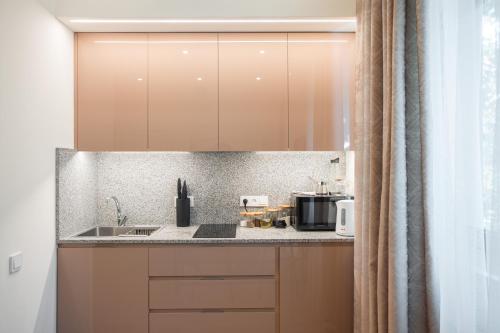 a kitchen with a sink and a counter top at RIS Opera Apartments Yerevan in Yerevan