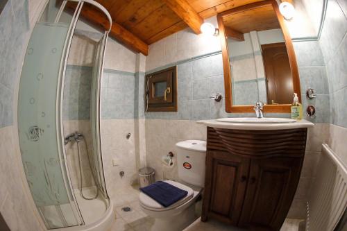 a bathroom with a sink and a shower and a toilet at Mont Valley Boutique Chalets in Arachova