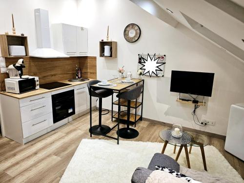 un salon avec une cuisine et une table dans l'établissement Chaleureux et convivial, à Saint-Quentin