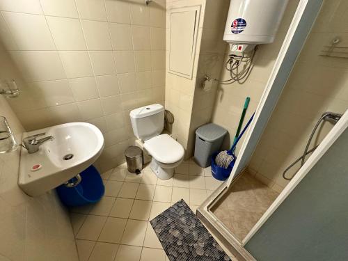 a small bathroom with a sink and a toilet at Gramadeto two bedroom apartment next to Gondola in Bansko