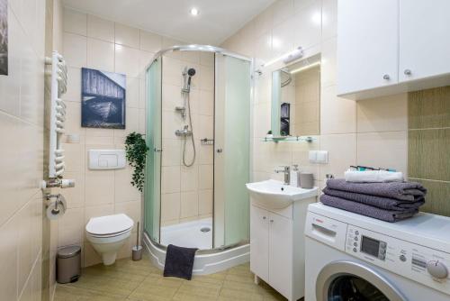 W łazience znajduje się umywalka z prysznicem i pralka. w obiekcie Apartament Lothus - parking podziemny gratis, ścisłe centrum - by Kairos Apartments w mieście Gliwice
